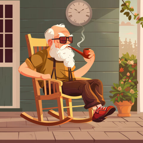 cartoon grandfather smoking a pipe while rocking in a rocking ch
